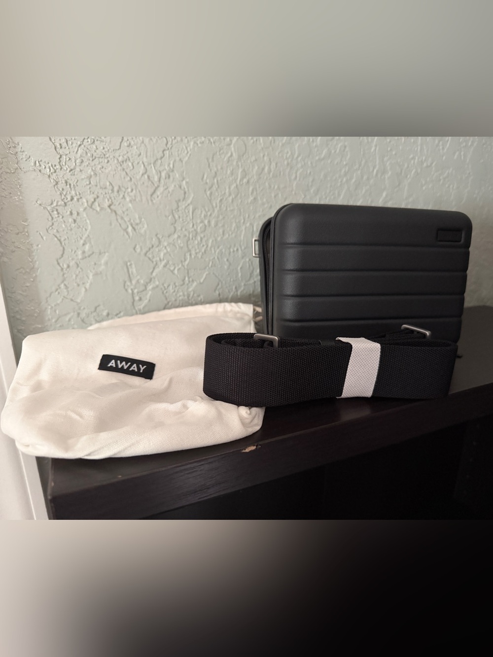 Away Black Case/crossbody bag with Detachable Black Strap and White Dust Bag